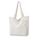 Minimalist canvas tote bag for women, daily casual shoulder bag with front pocket design. - Off White