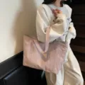 Large capacity solid color casual tote bag multi-pocket canvas shoulder bag for women daily commute. - Pink