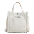 Casual canvas tote bag, white shoulder crossbody handbag with letter print and front pocket. - Off White