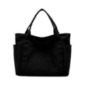 Black canvas tote bag, simple daily shoulder handbag with large capacity and multi pockets. - Large Size Black