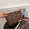Leopard print cosmetic bag, portable travel makeup pouch, large capacity storage handbag for women. - Leopard Brown