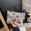 Chic borsa cosmetica intrecciata con farfalla vintage, grande capacità di stoccaggio donna. - Stampa Farfalla Bianca