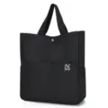 Black canvas tote bag with shoulder straps, casual minimalist handbag for daily shopping use. - Black