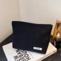 Black corduroy makeup bag solid color zipper pouch portable storage bag for daily use cosmetic. - Black