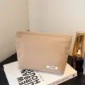Corduroy cosmetic bag solid color makeup pouch portable daily storage clutch for women - Khaki