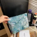 Floral fabric cosmetic bag, vintage style makeup pouch, convenient storage bag for daily use. - Aesthetic Oil Painting