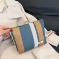 Large capacity striped cosmetic bag portable linen travel makeup pouch stylish clutch for women - Blue