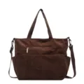 Brown corduroy tote bag for women, large capacity shoulder bag with zipper pocket, casual - Coffee