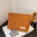Brown corduroy makeup bag portable travel cosmetic pouch solid color daily storage clutch bag - Brown