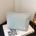 Light green corduroy makeup bag solid color stylish portable cosmetic pouch for daily use. - Light Green