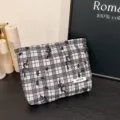 Vintage plaid lace cosmetic bag, minimalist women portable clutch makeup organizer pouch. - Black