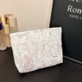 Large capacity white lace cosmetic bag, vintage style portable makeup pouch for women storage. - Light Blue