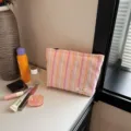 Striped linen makeup bag portable wash bag cosmetic organizer for women travel essentials. - Pink Striped
