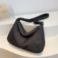 Black puffer shoulder bag for women, large capacity casual hobo tote, soft crossbody bag. - Black