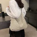 Casual polka dot canvas shoulder bag for women, large capacity slouchy daily tote bag. - Dot