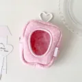 Mini sac ita en peluche à pois roses avec fenêtre en cœur et anneau pour rangement de poupée. - Rose