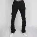Black stacked cargo jeans for men with distressed details and flared hems for streetwear. - S / Black