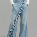 Women's light blue wide leg denim pants with trendy asymmetric ruffle design and high waist. - S / Light Blue