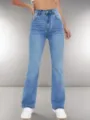 Light blue high waisted micro flare denim jeans detail shot highlighting slim fit design - XS / Light Blue