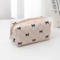 Corduroy cosmetic bag cute black bow makeup pouch large capacity travel storage case - Off White
