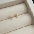 Detailaufnahme minimalistischer 14K vergoldeter Flugzeug Ohrstecker mit feinen Zirkonia Steinen. - Flugzeug Stil / Gold