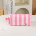 Pink striped plush cosmetic bag with handle, large capacity portable toiletry makeup pouch. - Pink White Stripes