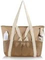 Beige mesh beach tote bag detail showing front pocket with accessories and sturdy handles. - Camel