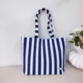 Blue and white striped canvas tote bag casual fashion shoulder bag for women daily use. - Blue & White
