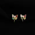 Gold plated butterfly clip-on earrings with colorful cubic zirconia for women detailed view. - Non-pierced Spiral Clip-on Earrings / Colorful Zirconia Butterfly Style