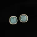 Square clip-on earrings with mint green glitter stone and pearl beaded edge for daily commute - Non-pierced Spiral Clip-on Earrings / Broken Shell Square