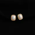 Gold plated square clip on earrings with pearlized stone, elegant jewelry for women daily commute. - Non-pierced Spiral Clip-on Earrings / Small Cube