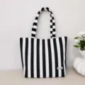 Classic black and white striped canvas tote bag, large capacity casual women shoulder bag. - Black and White