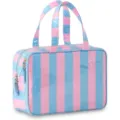 PVC striped cosmetic bag detail view, waterproof travel storage, portable toiletry organizer. - 30x15x9cm / Blue & Pink Stripe