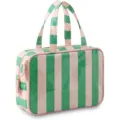 Detail view of the pink and green striped PVC cosmetic bag, showing glossy waterproof texture. - 30x15x9cm / Green and Pink Stripes