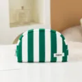 Green and white striped cosmetic bag detail, shell shaped portable wash bag storage pouch. - Green and White Striped