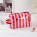 Pink red striped PVC makeup bag waterproof cosmetic organizer travel toiletry bag with zipper - Red Pink Stripes