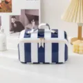 Blue and white striped PVC cosmetic bag large capacity travel makeup pouch stylish toiletry organizer - Handheld Blue and White