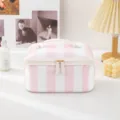 Pink striped PVC cosmetic bag large capacity makeup organizer travel portable vanity case - Handheld White and Pink
