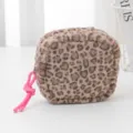Plush Leopard Print Coin Purse Cute Pink Knot Zipper Cosmetic Bag Portable Storage - Brown Square Bag