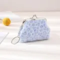 Close-up of the blue plush leopard print kiss-lock coin purse detail with keychain chain. - Blue