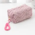Pink leopard print plush cosmetic bag detail, soft furry texture zipper closure with wrist strap. - Light Pink with Lanyard