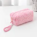 Pink fluffy leopard print cosmetic bag cute plush makeup pouch with wrist strap portable - Pink with Lanyard