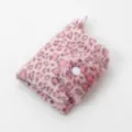 Close up detail of pink leopard print plush coin purse, fluffy card holder with snap button. - Pink and Brown Card Holder