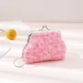 Pink leopard plush coin purse detail, cute mini wallet with kiss lock and keychain. - Hot Pink