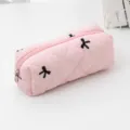 Pink quilted cosmetic bag with black bow embroidery, cute portable pencil pouch for daily storage. - Pink