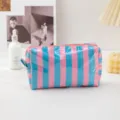 PVC striped cosmetic bag, waterproof zipper makeup pouch for travel and daily storage. - Striped Blue Pink