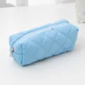 Light blue quilted pencil case cosmetic pouch cute portable zipper storage bag for women minimalist - Blue