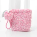 Pink fluffy leopard print cosmetic bag with heart charm, cute portable makeup pouch. - Pink