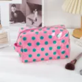 Pink and green polka dot PVC cosmetic bag, waterproof travel makeup pouch with zipper. - Polka Dot Pink