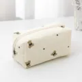 Corduroy cosmetic bag with cute bear embroidery, portable zipper storage pouch for travel. - Little Bear Beige